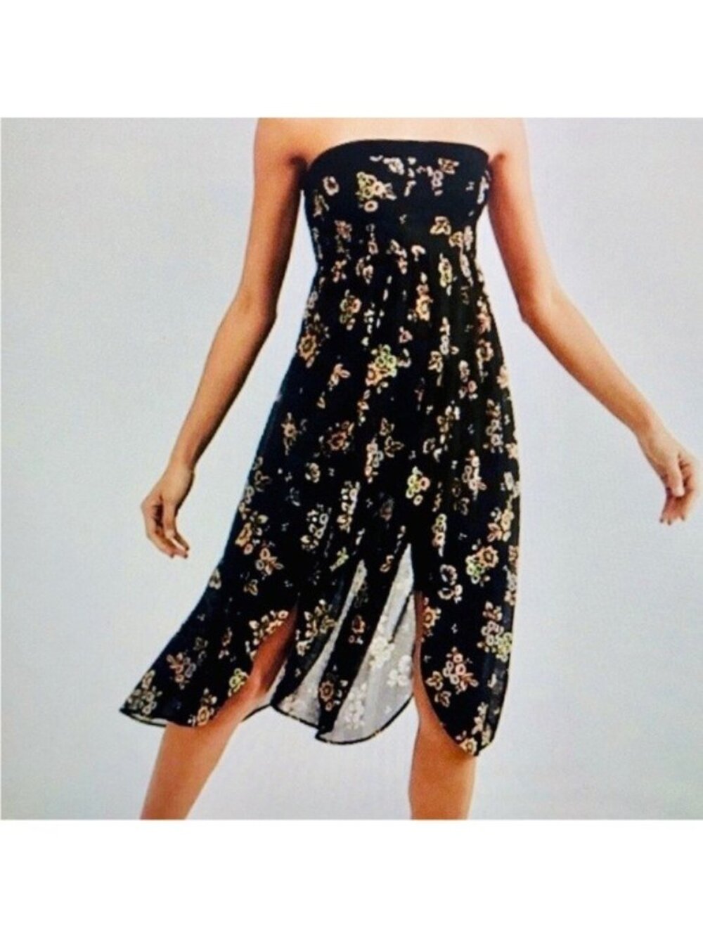 Free People Kitty Tulip Hem Strapless Floral Dress Black M EUC